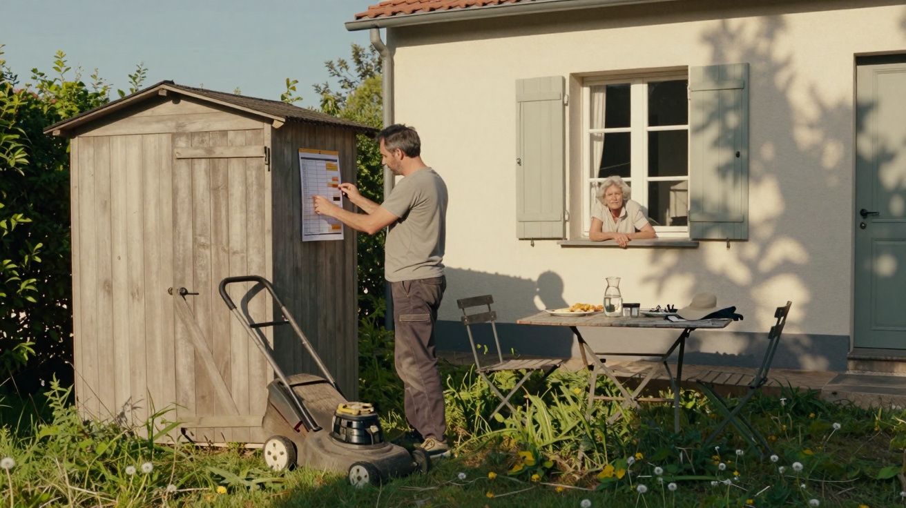 Hombre clava papel en cobertizo de madera; mujer mira desde la ventana de una casa con jardín desordenado.