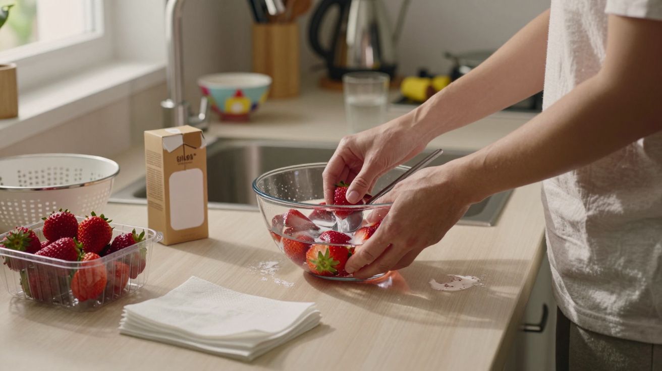 Persona lavando fresas en un bol en la cocina, con fregadero al fondo y caja de cartón a la izquierda.