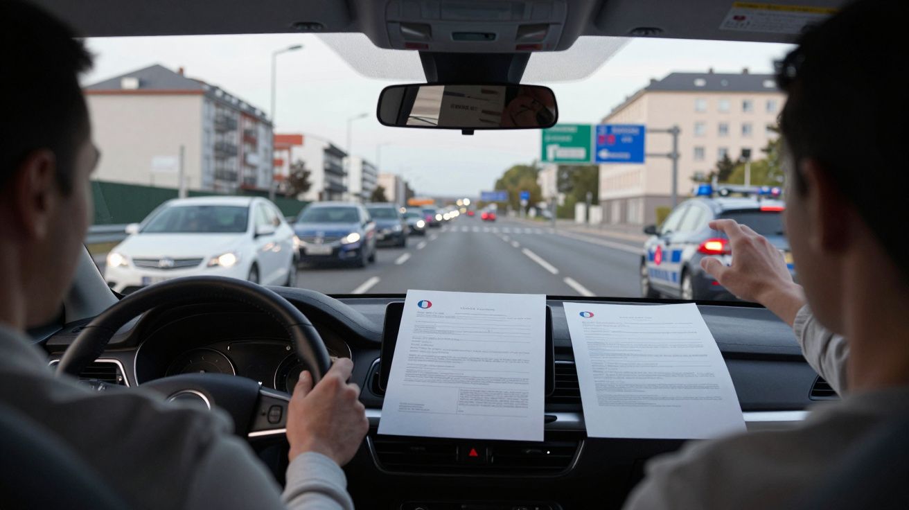Dos personas en un coche revisan documentos mientras conducen por una carretera concurrida.