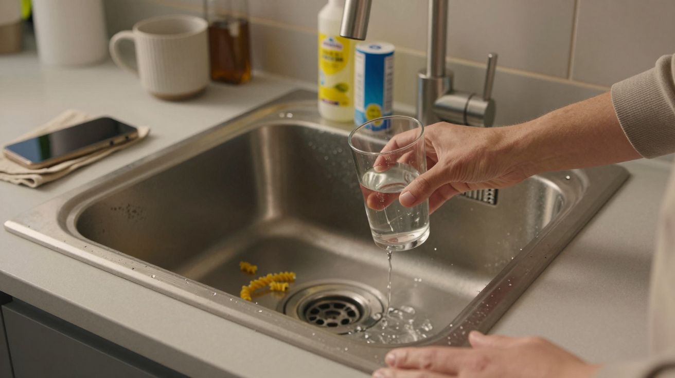 Mano vaciando vaso de agua en fregadero; hay un móvil y utensilios de cocina en la encimera.