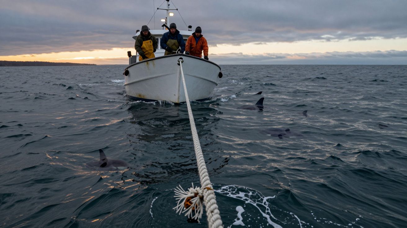 Barco pesquero en el mar con tres personas a bordo al atardecer, rodeado de aletas de delfines.