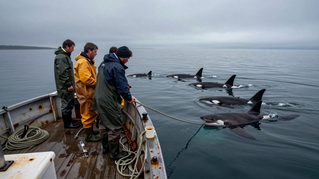 Un grupo de personas observa orcas desde un bote en un mar tranquilo bajo un cielo nublado.