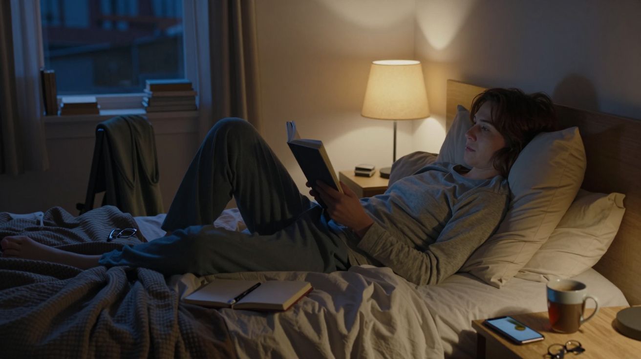 Persona leyendo en la cama bajo luz de lámpara, con libros y una taza al lado. Ambiente acogedor y nocturno.