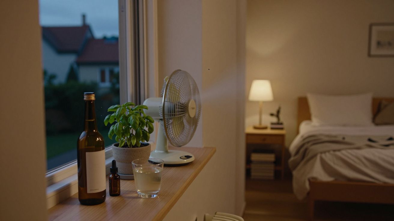 Habitación acogedora al atardecer, con ventilador, planta, lámpara encendida y cama ordenada.
