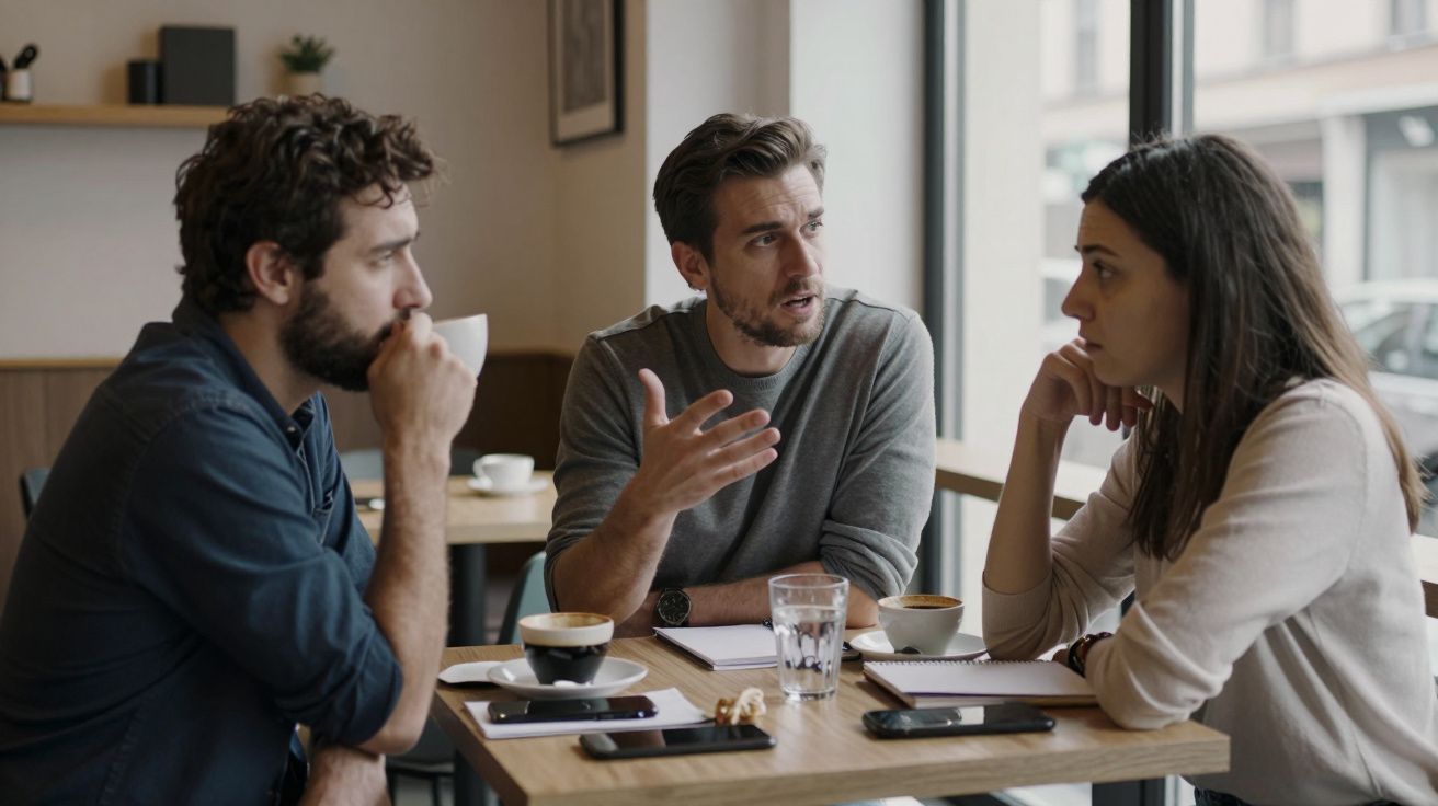 Tres personas conversando en una cafetería, con tazas de café y cuadernos sobre la mesa.