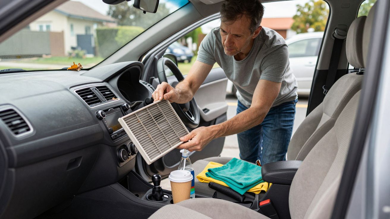 Hombre revisando el filtro de aire del coche en el asiento del conductor, con bebidas y paños en la consola central.