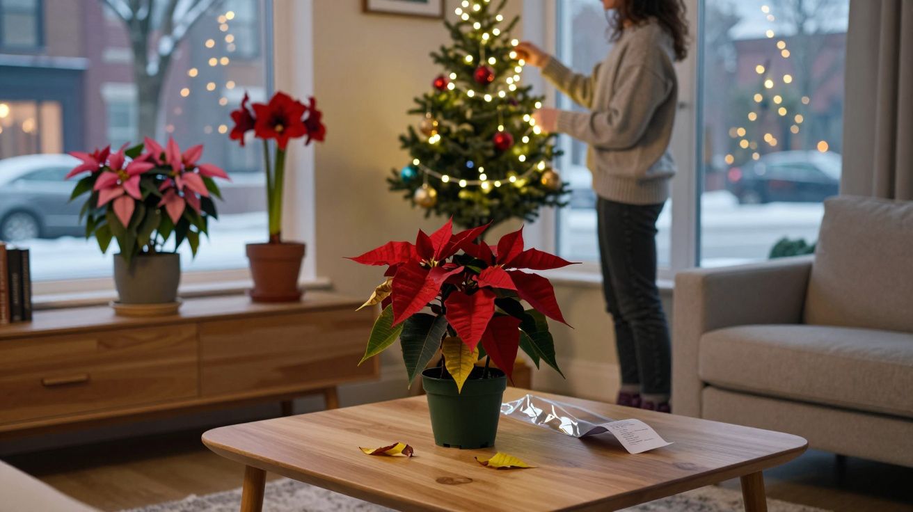 Mujer decorando árbol de Navidad en salón acogedor, con flores de pascua rojas sobre mesa y ventana con vista invernal.