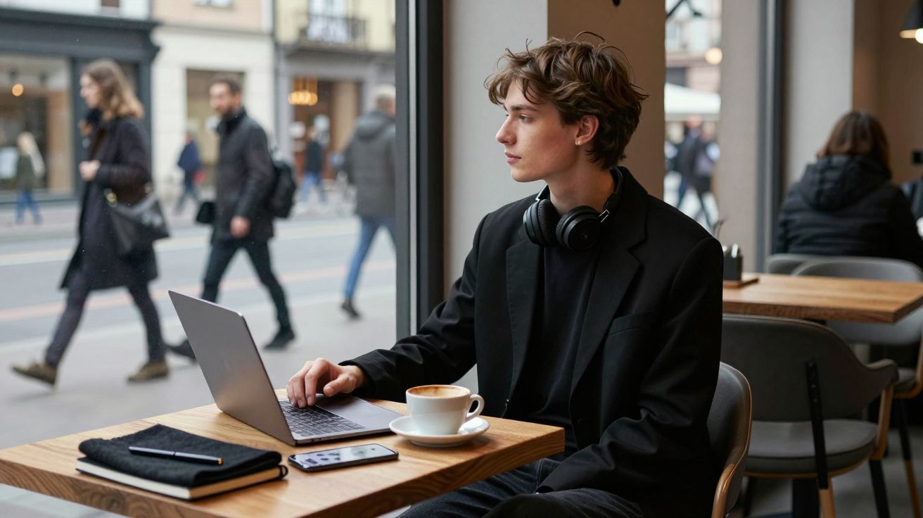 Joven con auriculares, usando portátil en una cafetería, observa por la ventana. Taza de café y libreta sobre la mesa.