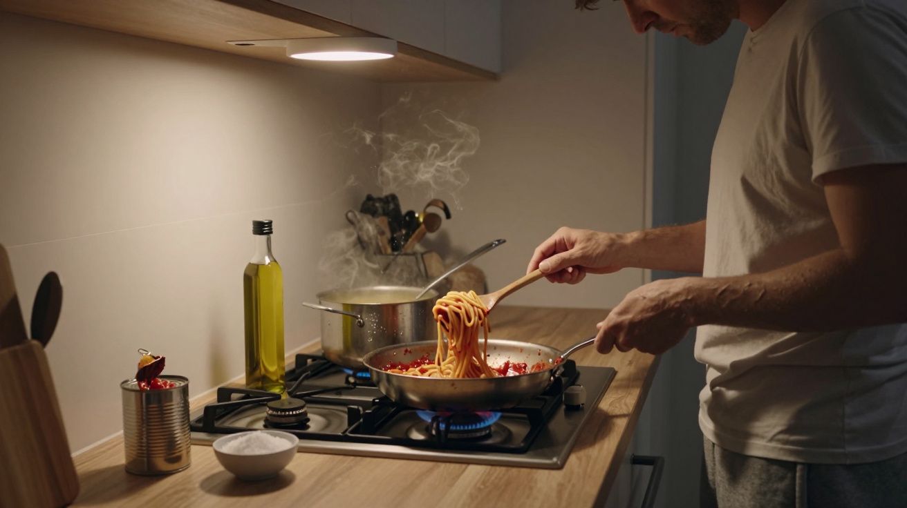 Hombre cocinando espaguetis en sartén sobre fogón, con ingredientes y utensilios de cocina a su alrededor.