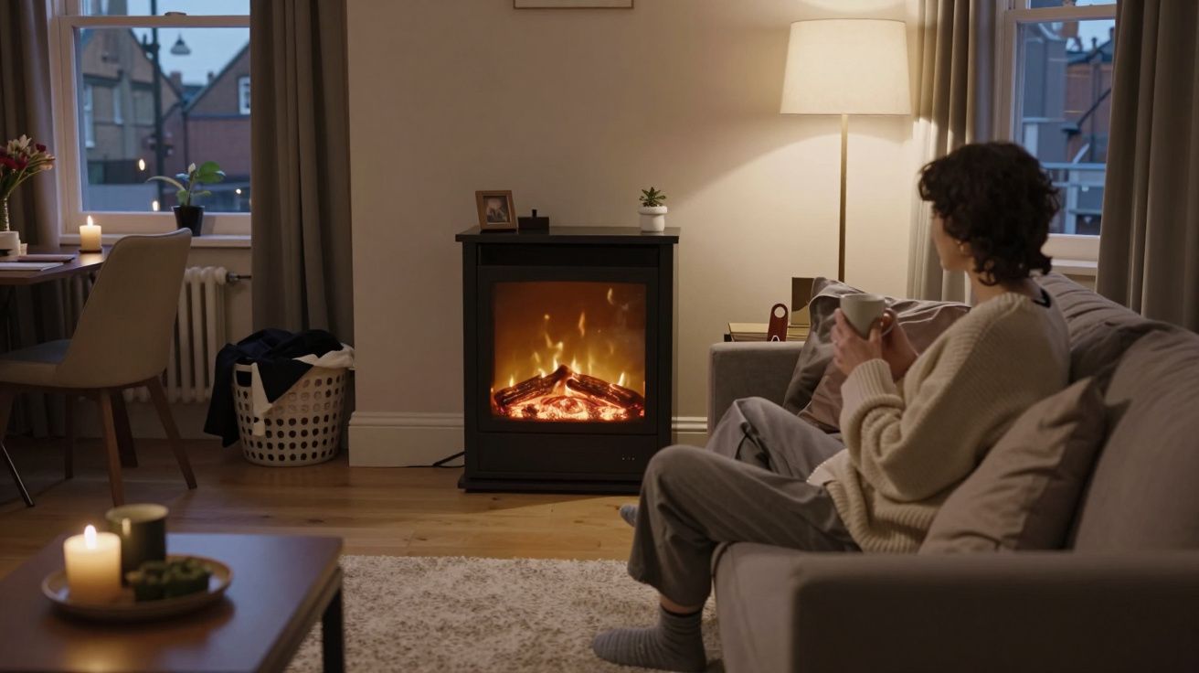 Persona en sofá bebiendo, junto a chimenea encendida en una sala acogedora con iluminación suave y velas sobre la mesa.