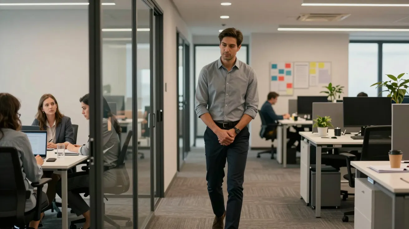 Hombre caminando por oficina moderna con personas trabajando en escritorios y sala de reuniones al fondo.