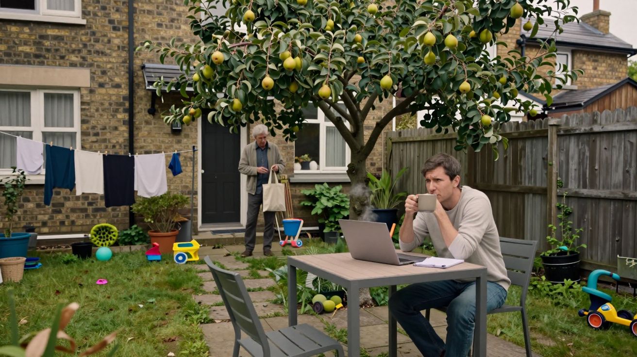Hombre trabajando con portátil en jardín, junto a un peral. Otro hombre en la puerta trasera con bolsas. Juguetes por el suel