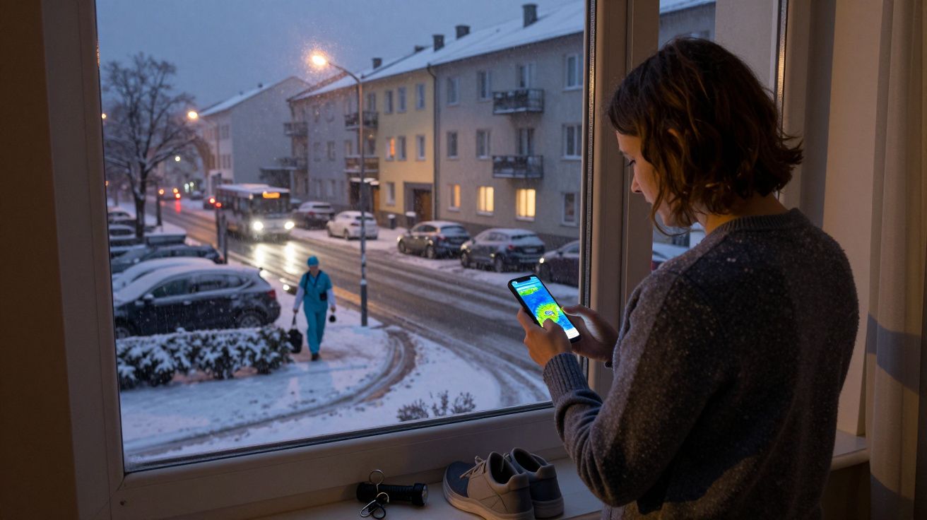 Persona usando un móvil junto a una ventana, mientras afuera nieva y pasa un peatón con abrigo azul.