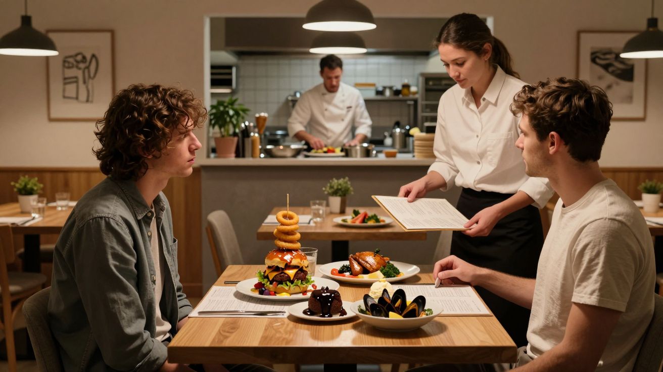 Dos personas sentadas en un restaurante, camarera con menú, varios platos en la mesa y chef al fondo en la cocina.