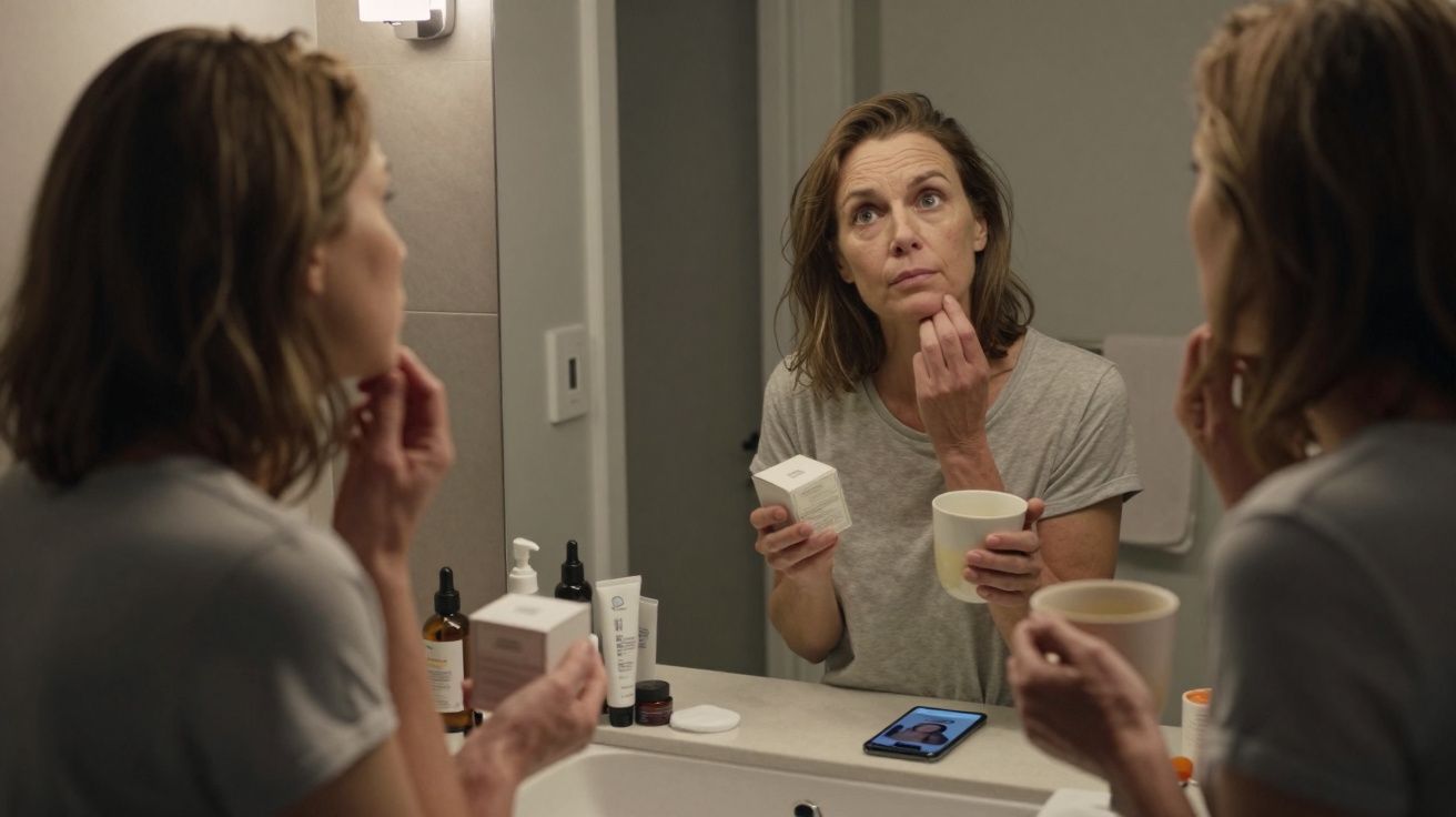 Mujer frente al espejo, aplicando crema facial. Botellas de cosméticos y móvil con foto en el tocador.