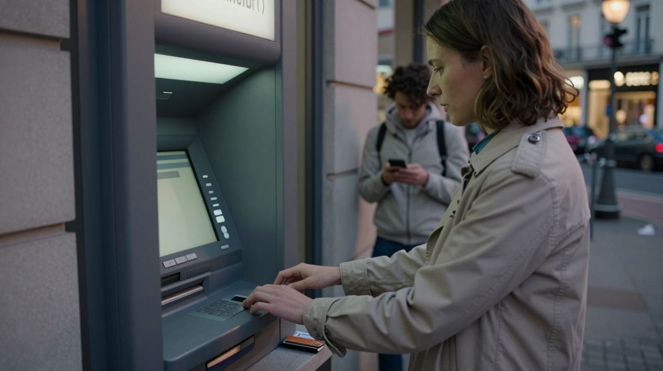 Persona usando un cajero automático en la calle, mientras otra revisa su teléfono móvil en el fondo.