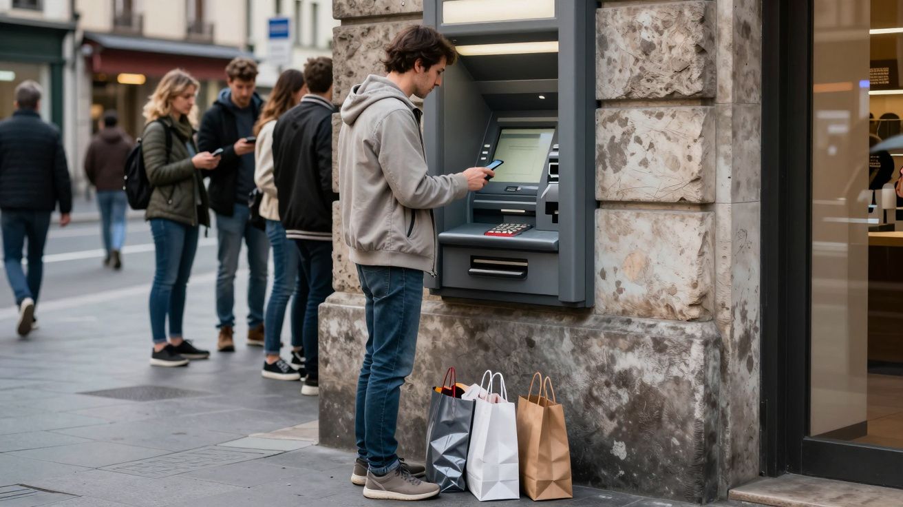 Hombre usando un cajero automático en la calle, rodeado de bolsas de compras, mientras otras personas esperan.