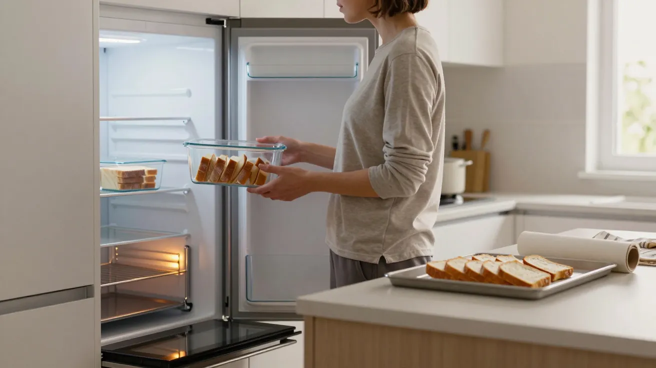 Persona colocando un recipiente con tostadas en la nevera abierta en una cocina moderna iluminada.