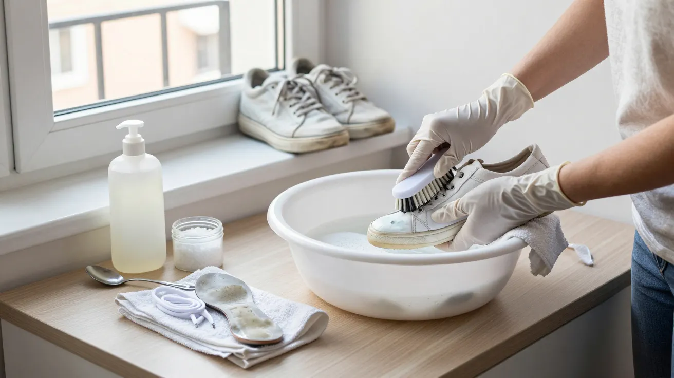 Persona limpiando zapatillas blancas con cepillo y jabón en un recipiente sobre mesa, junto a ventana y toallas.