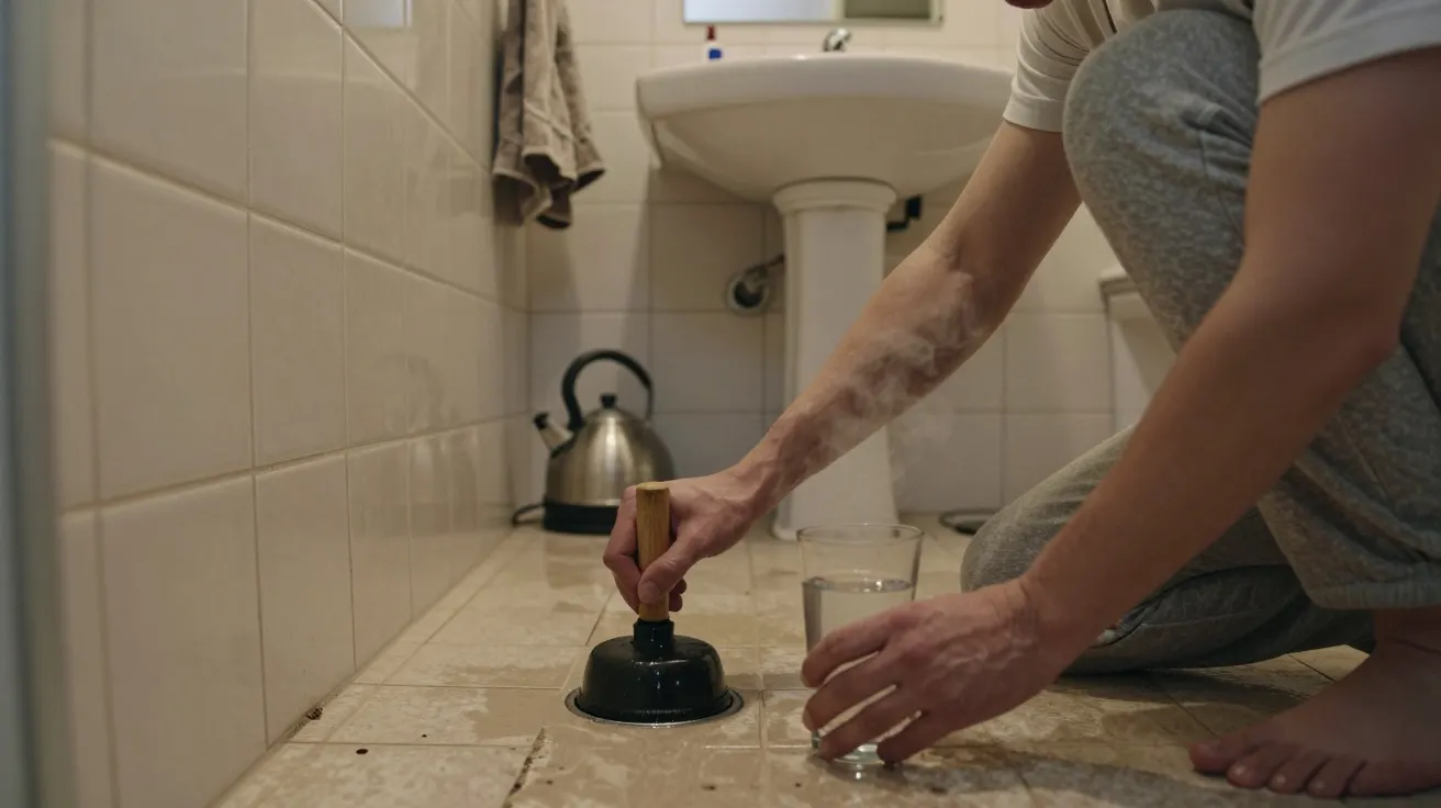 Persona desatascando el desagüe del suelo de un baño con un desatascador y un vaso de agua.