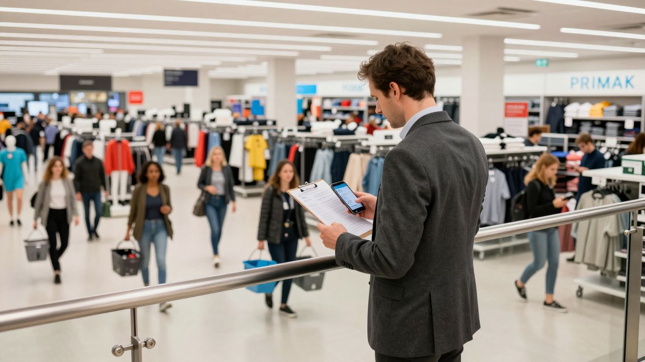 Hombre con traje observa desde una pasarela a clientes comprando en una tienda de ropa luminosa y moderna.