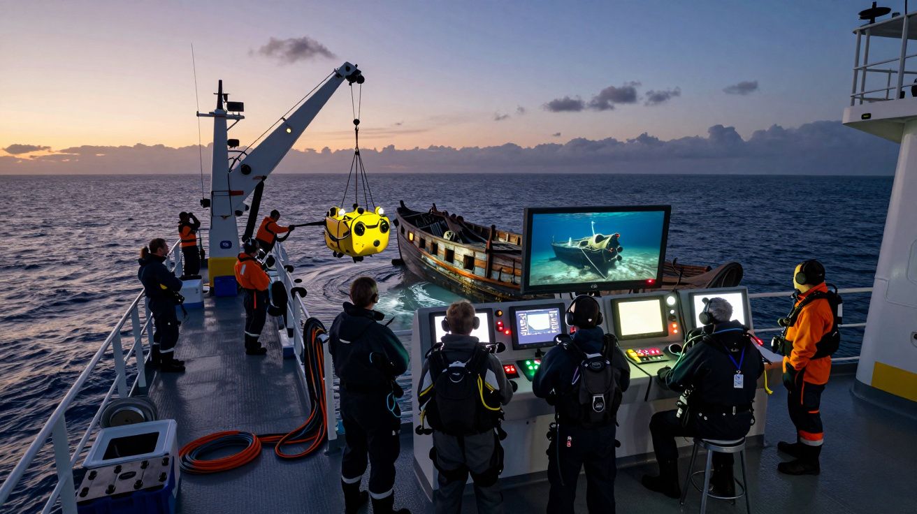 Investigadores en un barco operan un ROV, explorando un naufragio al amanecer, con monitores mostrando imágenes submarinas.