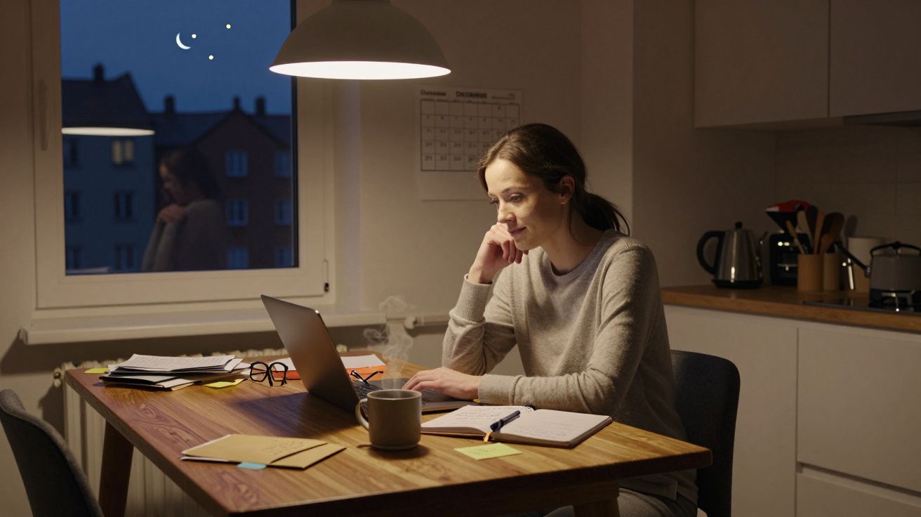 Mujer trabajando en un portátil en una cocina, de noche, con ventanas al fondo y papeles sobre la mesa.