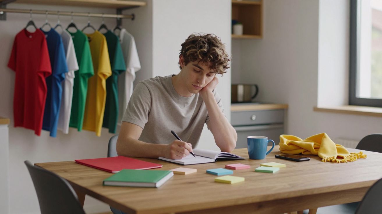Joven escribiendo en un cuaderno en una mesa, ropa de colores colgada al fondo y tazas en la cocina.