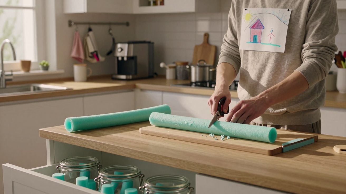 Persona cortando una alfombra de espuma azul en una cocina moderna, con frascos de vidrio en la encimera.