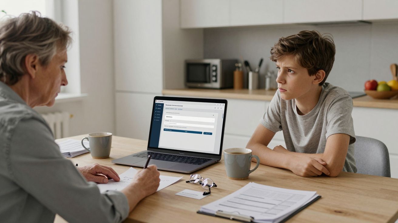 Adolescente y adulto hablando en la cocina, portátil abierto en la mesa con formularios y tazas de café.