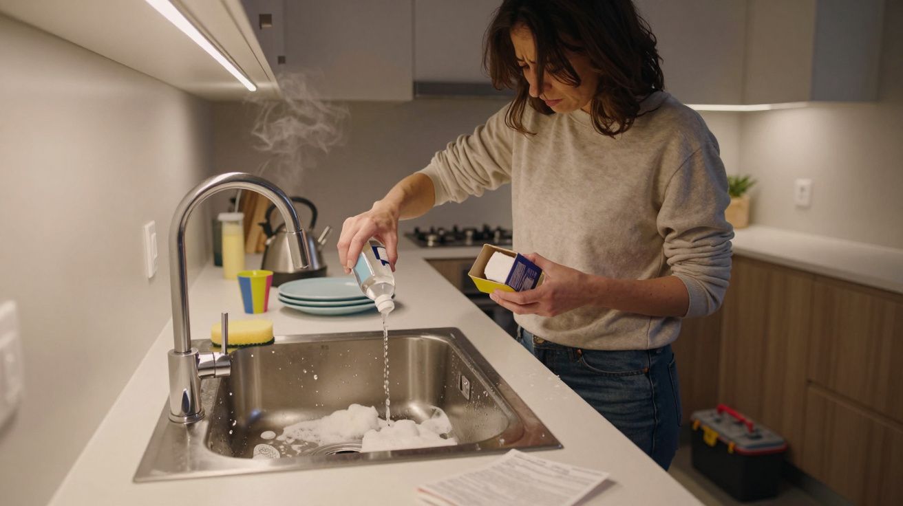 Mujer vertiendo limpiador en el fregadero de una cocina moderna con platos, esponjas y otros utensilios.