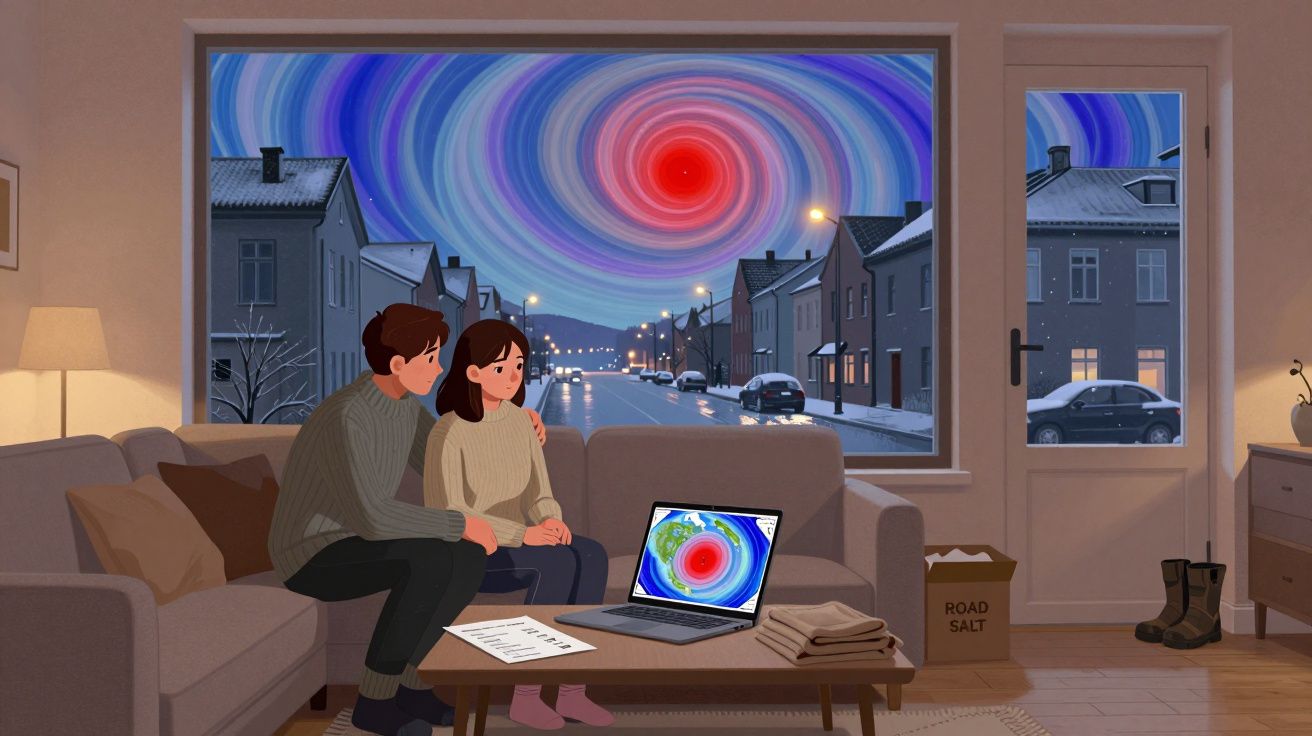 Pareja en casa observando un gran vórtice rojizo en el cielo nevado a través de la ventana, laptop en la mesa.