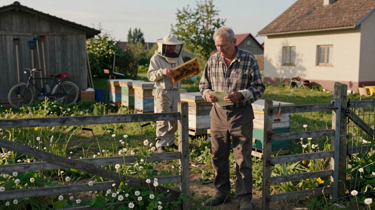 Un apicultor revisa colmenas mientras un hombre mayor lee papeles en un jardín con flores y una casa de fondo.