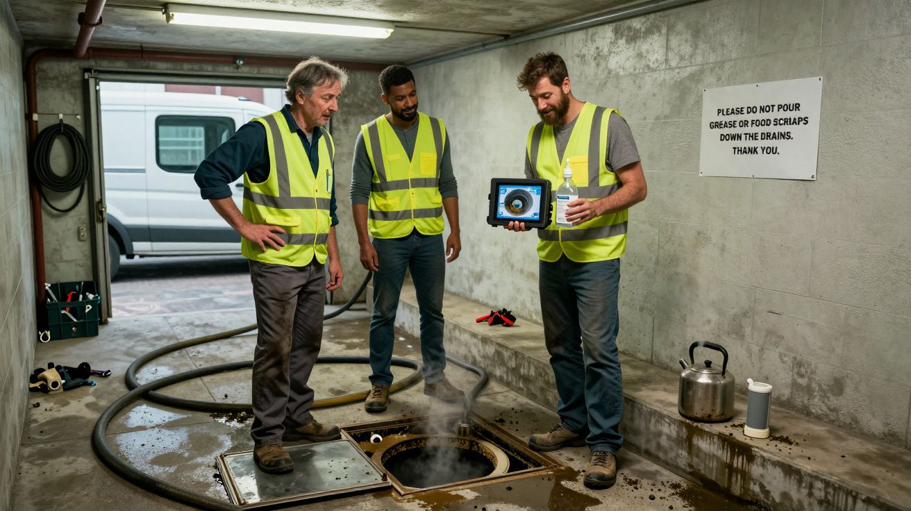 Tres hombres con chalecos reflectantes inspeccionan una alcantarilla abierta en un garaje, uno sostiene una tableta.