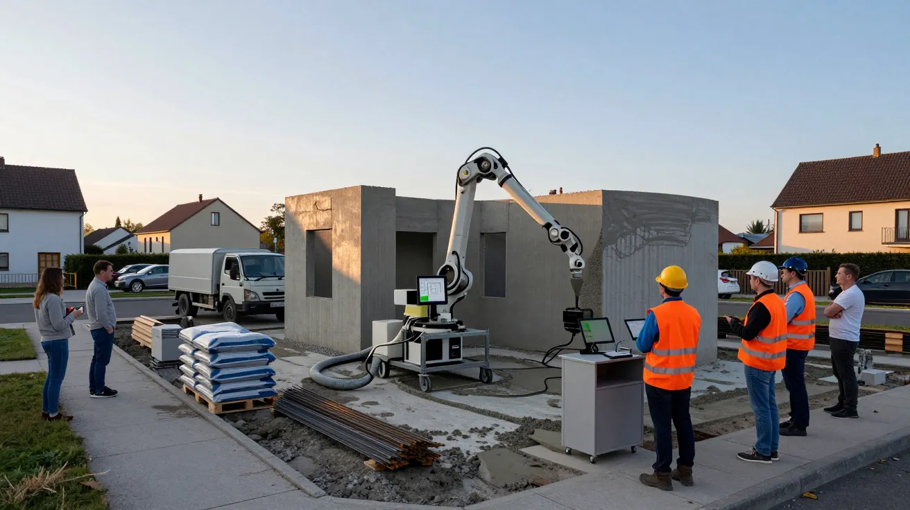 Obra de construcción: personas observan un robot que imprime en 3D una estructura de cemento al aire libre.