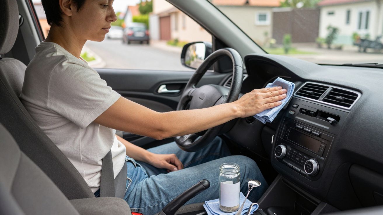 Persona limpiando el salpicadero de un coche con un paño azul.