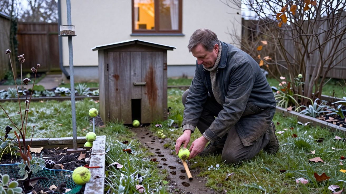 Hombre en el jardín coloca pelotas de tenis en el camino de barro frente a una caseta de madera.