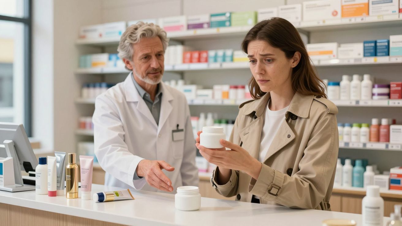 Mujer en farmacia hablando con farmacéutico, sosteniendo un bote de crema, rodeada de estanterías con productos.