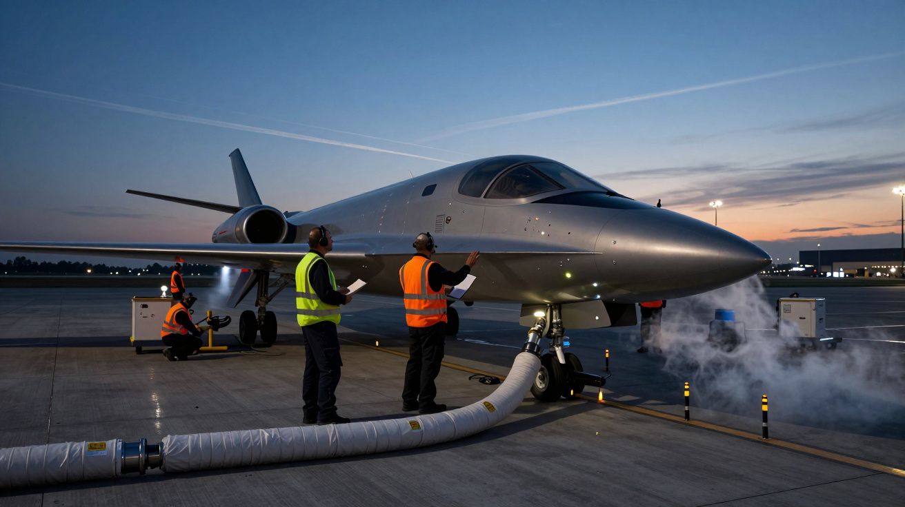 Trabajadores revisan un avión en la pista al atardecer, con humo saliendo de una manguera conectada al fuselaje.
