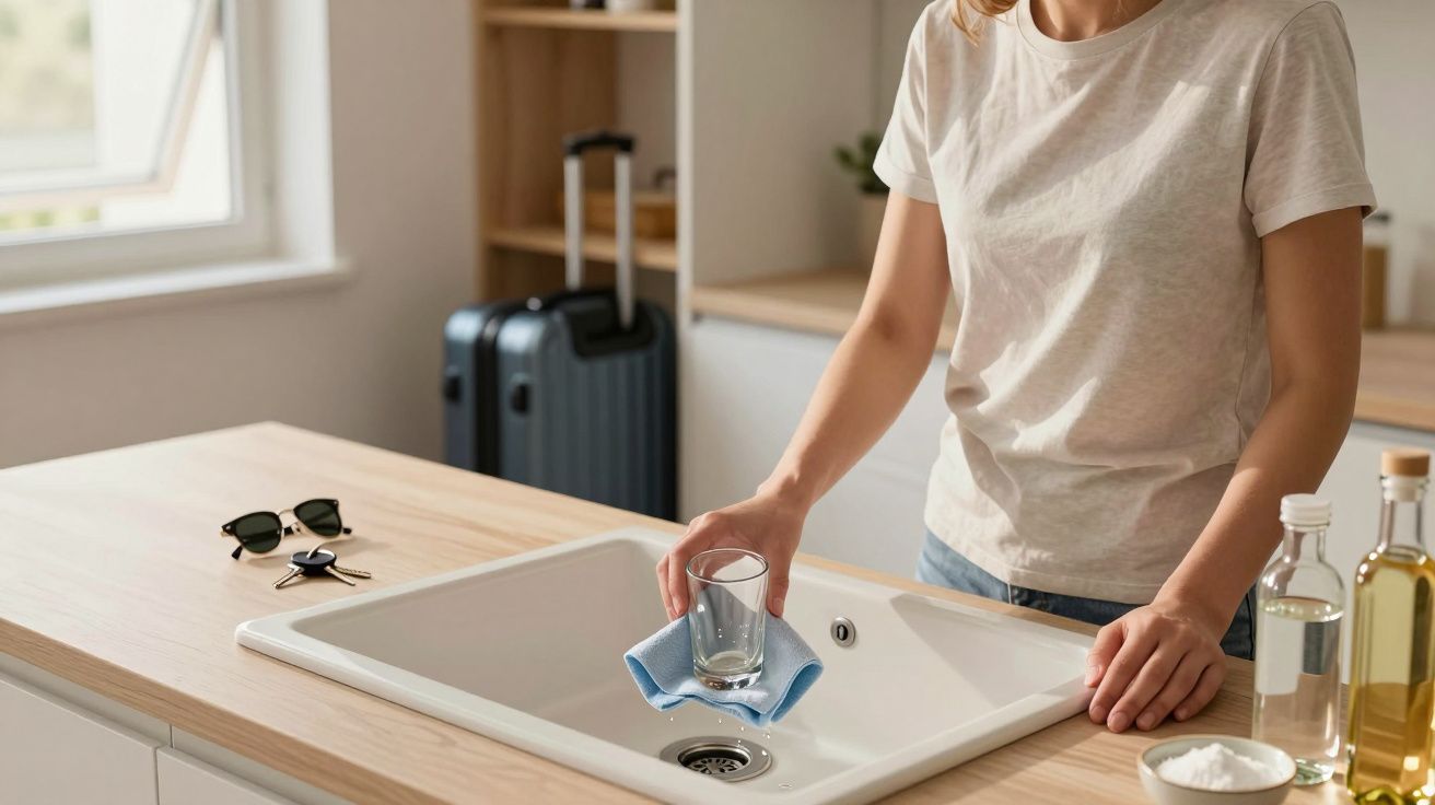 Mujer en camiseta blanca limpiando un vaso junto al fregadero, con maleta y gafas de sol en la encimera.