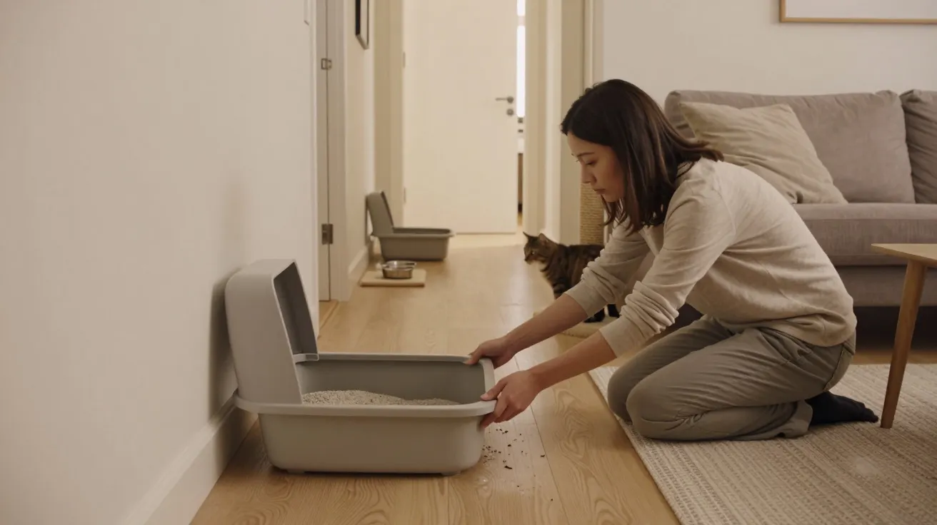 Mujer limpiando arenero de gato en salón, gato observando desde el pasillo, sofá gris de fondo.