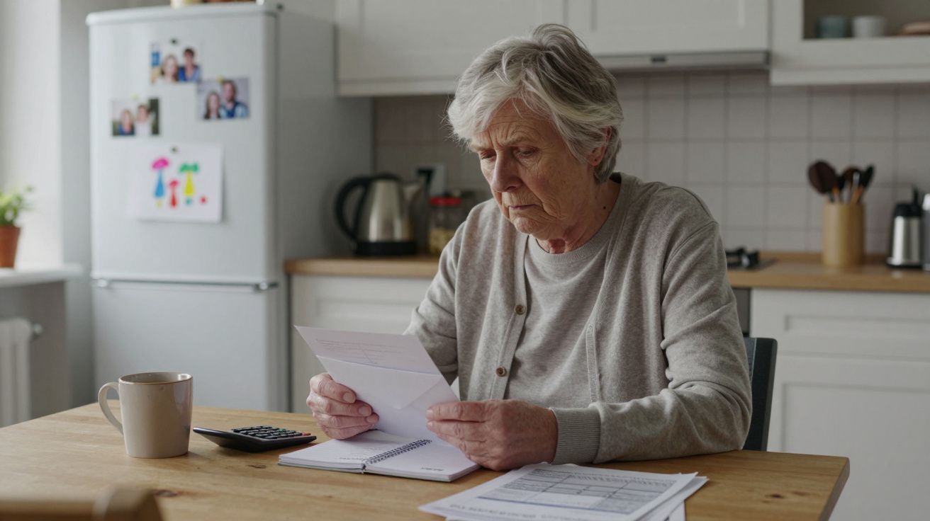 Persona mayor revisando documentos en una cocina, con una calculadora y una taza de café sobre la mesa.